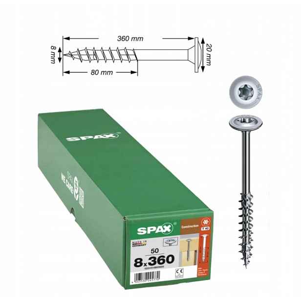 Univerzální vruty Wirox pro dřevěné konstrukce Spax 8 x 360 mm, 50 ks