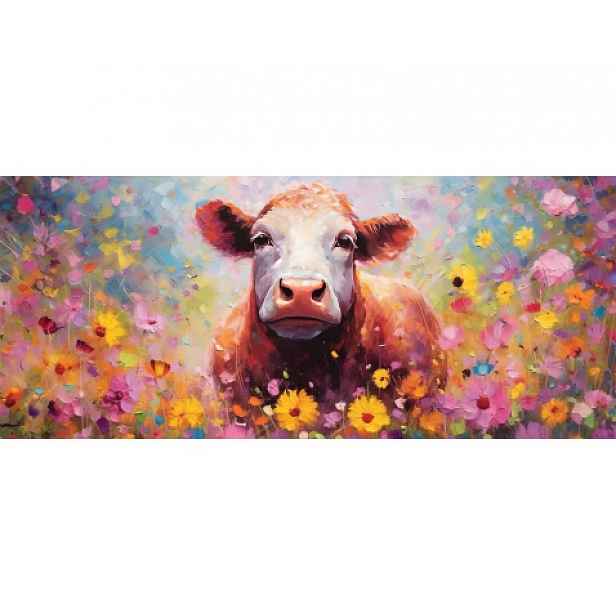 Obraz na plátně Kráva v květech 140x60 cm, efekt olejomalby