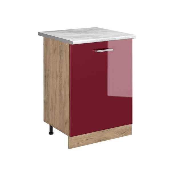 Vicco SPODNÍ SKŘÍŇKA KUCHYŇSKÉ LINKY R-Line, Červená vysoký lesk/Zlatý mocný dub, 60 cm s 1 dveřmi pracovná doska Mramor