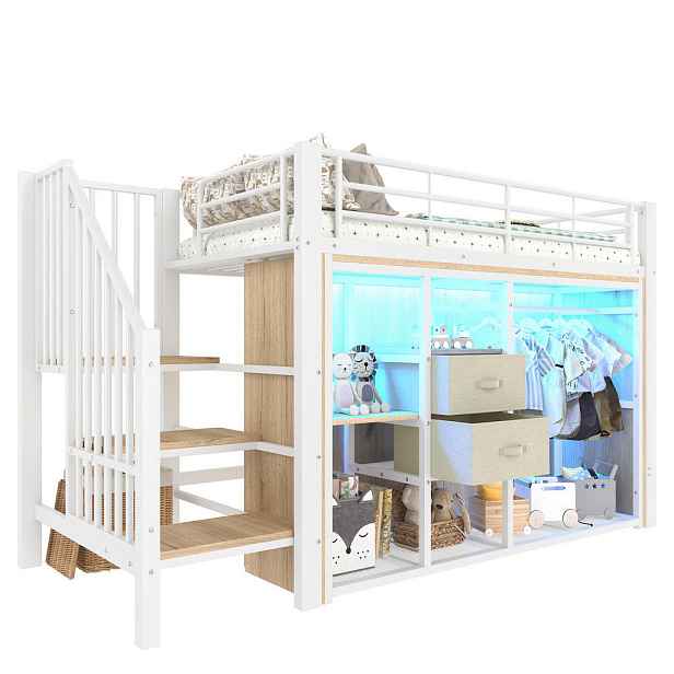 Modenvie VYSOKÁ postel 90/200 cm z kovu a MDF v bílé barvě s LED osvětlením