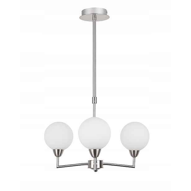 Elegantní závěsná lampa, stříbrná, saténová, 3-bodová, kulaté matné stínítko