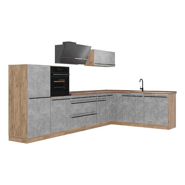 Vicco ROHOVÁ KUCHYŇ R-Line, Beton/Zlatý mocný dub, 347 x cm pracovná doska Dub Goldkraft