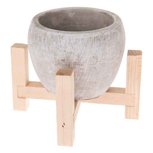 Šedý betonový květináč v dřevěném stojanu Dakls Natural, ø 13 cm