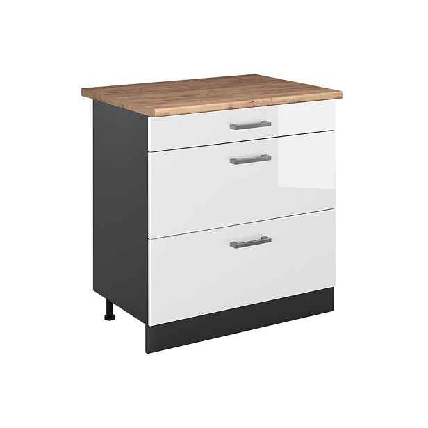 Vicco SPODNÍ SKŘÍŇKA KUCHYŇSKÉ LINKY R-Line, Bílá vysoký lesk/Antracit, 80 cm se 3 zásuvkami pracovná doska Dub Goldkraft