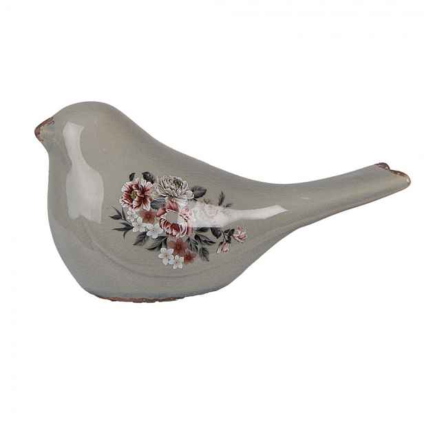 Zelený keramický dekorační ptáček s květy Floria L - 25*10*13 cm Clayre & Eef