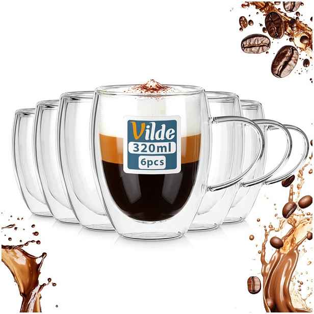 6 x Termo sklenice s dvojitou stěnou na nápoje a čajovou kávu 320 ml