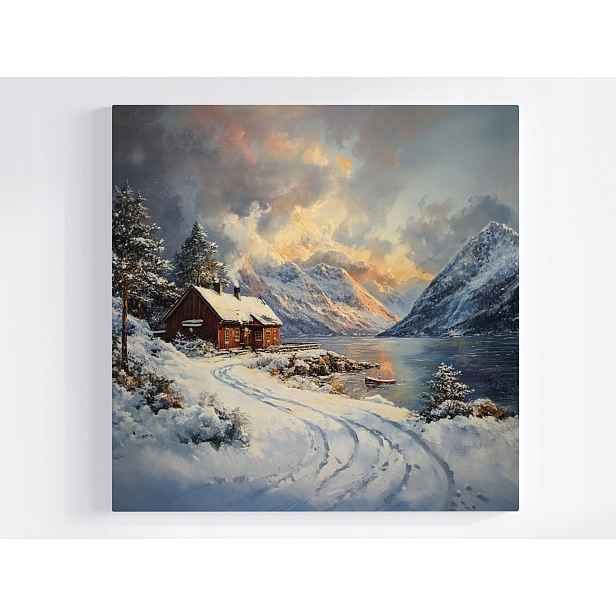 Obraz Na Plátně Canvas Zima Krajina Chata Jezero Hory Sníh Západ 50x50