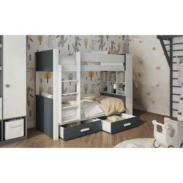 Patrová postel s policemi 80x180 BEDLIA - bílá / antracitová, levé provedení