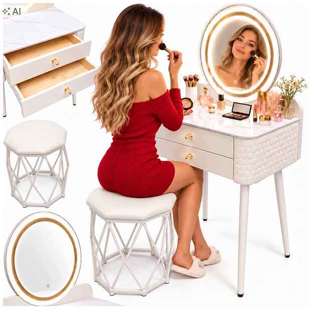 Toaletní Stolek Kosmetický se zrcadlem pro Led make-up, 3 barvy, stolička 2 zásuvky