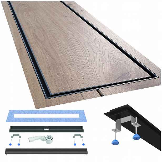 Lineární odtok 70 cm černý pod desku z oceli, kompletní sada Waterway
