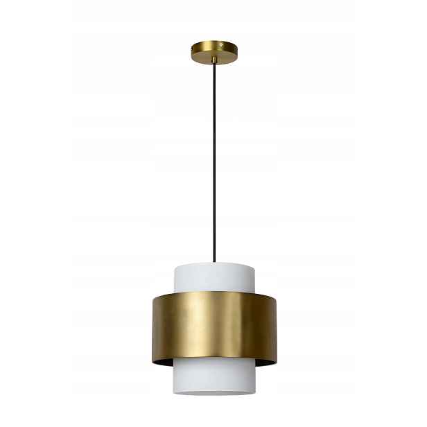 Skleněná závěsná lampa bílá zlatá obruč nad jídelním stolem Lucide