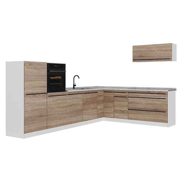 Vicco ROHOVÁ KUCHYŇ R-Line, Sonoma/Bílá, 327 x cm pracovná doska Mramor