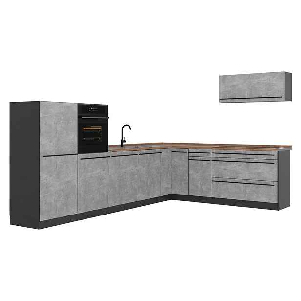 Vicco ROHOVÁ KUCHYŇ R-Line, Beton/Antracit, 327 x cm pracovná doska Dub Goldkraft
