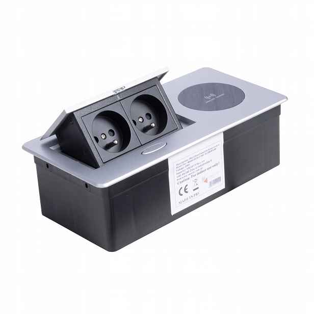 Nábytková zásuvka zapuštěná do desky 2x230V +WC15W Modulbox II stříbrná