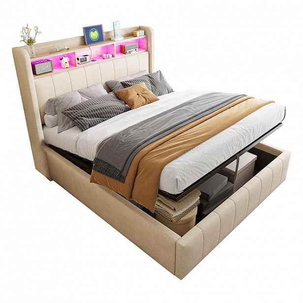Modfu ČALOUNĚNÁ postel z lněné látky 140x200 cm béžová s LED osvětlením, USB a úložným prostorem