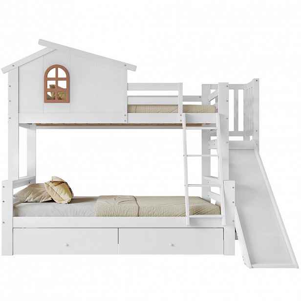 Modfu PATROVÁ postel z masivu a MDF 90x200 cm bílá s oknem, skluzavkou, 2 zásuvkami a čtyřstupňovým schodištěm