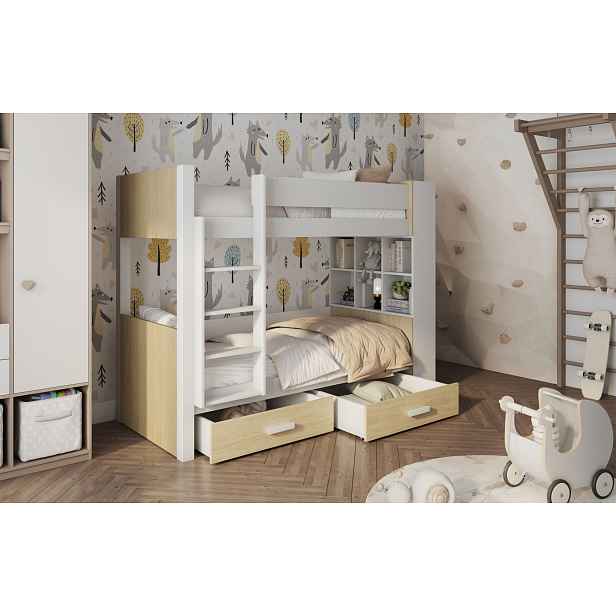 Patrová postel s policemi 80x180 BEDLIA - bílá / dub olejovaný, levé provedení