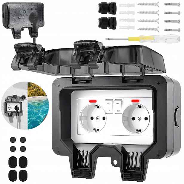 Dvojitá Venkovní Elektrická Zahradní Zásuvka Vodotěsná IP66 S Krytem