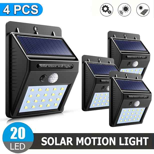 TEMU 4 ks Solární venkovní světlo, 20 LED nástěnné světlo, Bezpečnostní světlo s pohybovým senzorem, 3 režimy osvětlení, Solární nástěnné světlo,