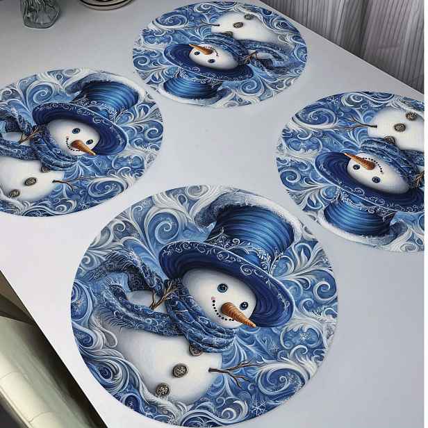 TEMU 4-Balíček Veselé Vánoce Mandala Styl Kulaté Podložky, 15" Polyesterové Stolní Podložky s Modrým Sněhulákem Návrhem, Bez Klouzání, Pratelné,