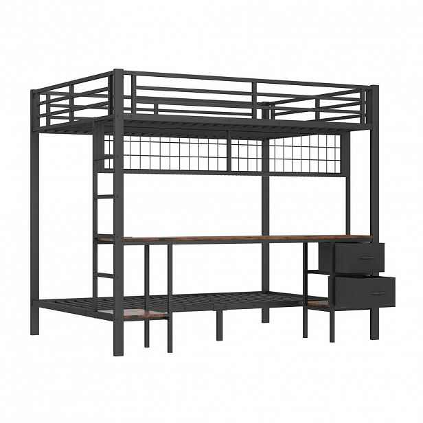 KOMHTOM PATROVÁ POSTEL 90x200 a 140x200 cm se 7barevným LED páskem, USB nabíjecím portem, bez matrace, černá
