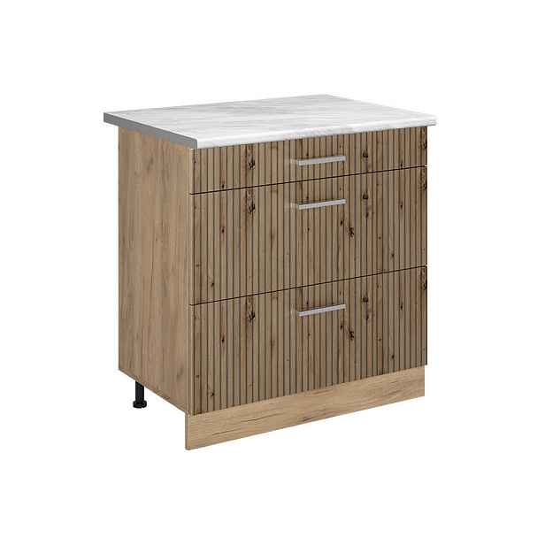 Vicco SPODNÍ SKŘÍŇKA KUCHYŇSKÉ LINKY R-Line, Řemeslný dub/Zlatý mocný dub, 80 cm se 3 zásuvkami pracovná doska Mramor