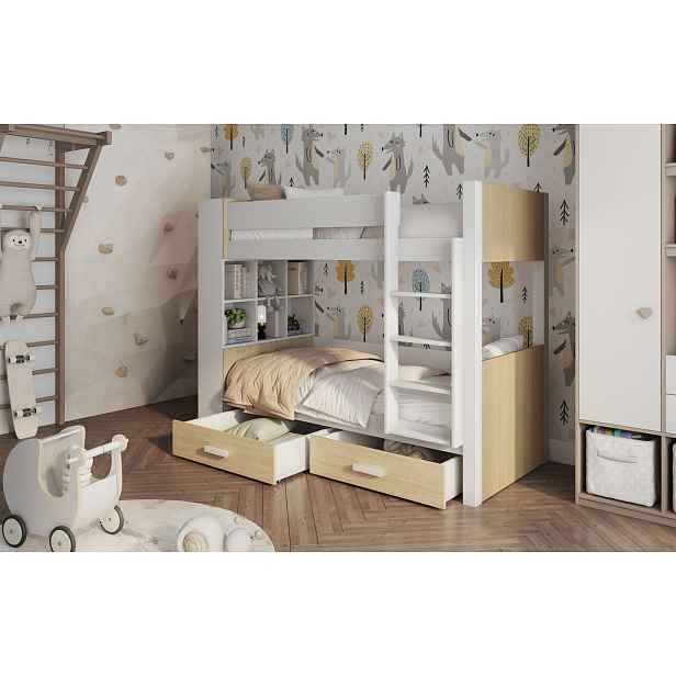 Patrová postel s policemi 80x180 BEDLIA - bílá / dub olejovaný, pravé provedení