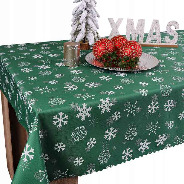 Vánoční ubrus 260x140 tmavý zeleň Štědrý den BN21 Sněhové Vločky Hvězdičky
