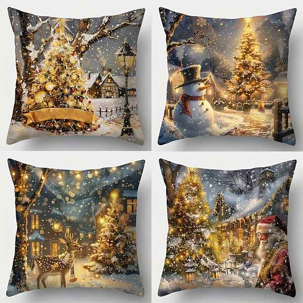 TEMU 4 ks, Vánoce, vánoční stromek, sněhulák, jelen, Santa Claus, povlak na polštář, obvod pasu, 17,72 x 17,72 palců, vhodné pro dekoraci pokoje,