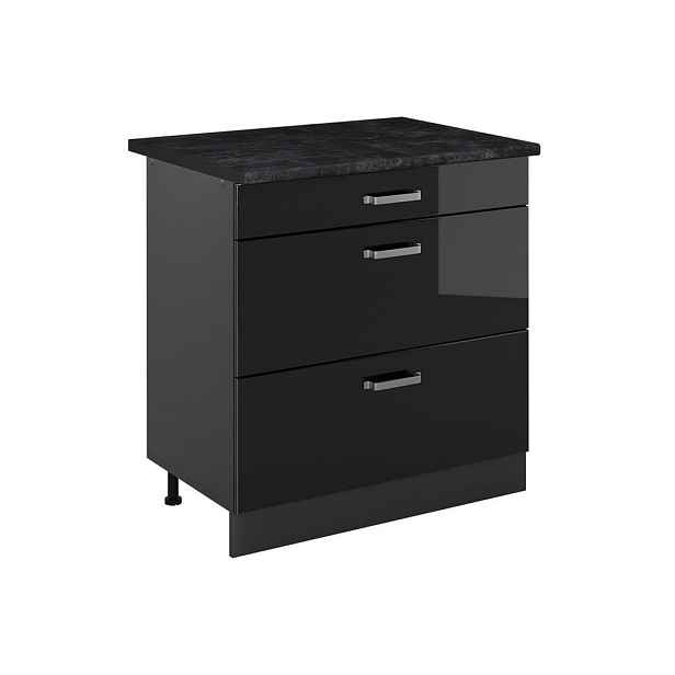 Vicco SPODNÍ SKŘÍŇKA KUCHYŇSKÉ LINKY R-Line, Černý vysoký lesk/Antracit, 80 cm se 3 zásuvkami pracovná doska antracitová
