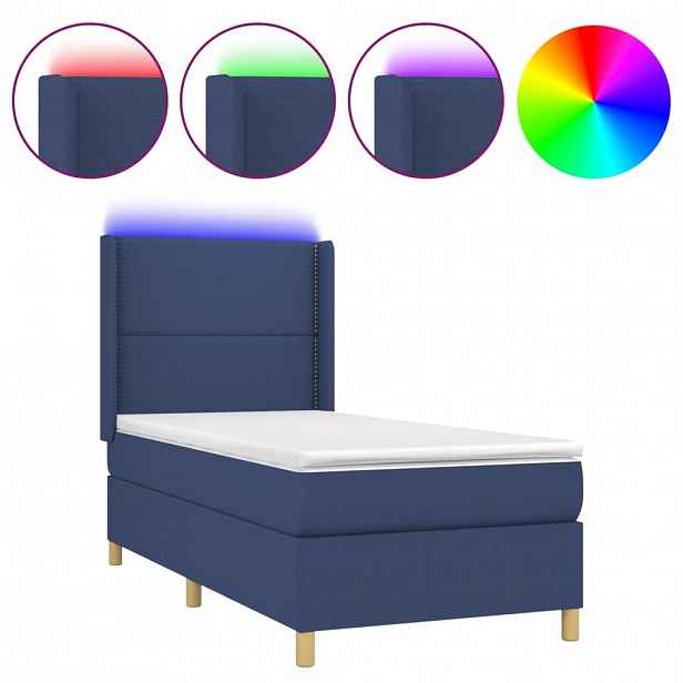 vidaXL Box spring postel s matrací a LED modrá 90x190 cm textil