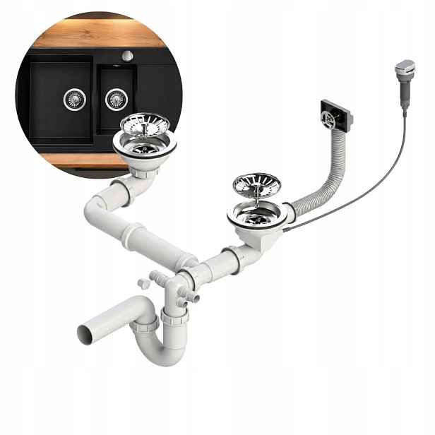 Dvoukomorový automatický nástěnný sifon pro dřez