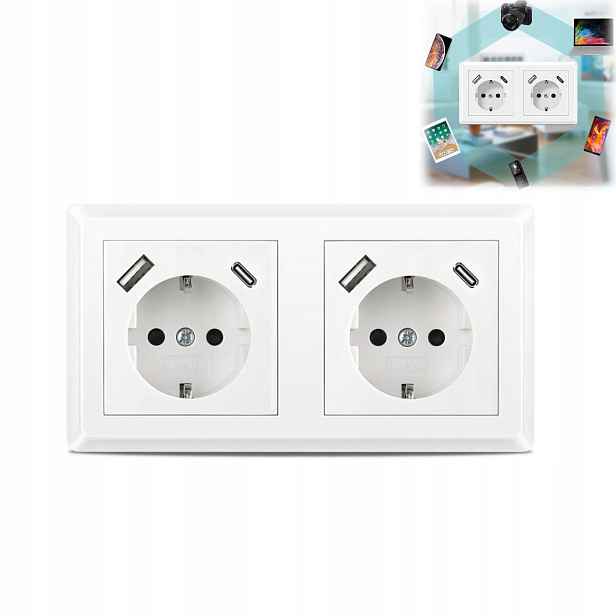 Dvojitá Zásuvka Bílá S Kolíkem S Nabíječkou Usb Typ A+c