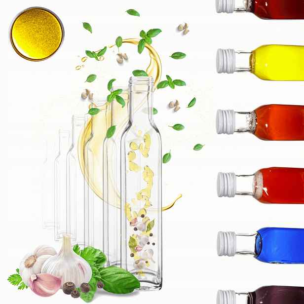 Lahvičky 250 ml marasky čtvercové šťávy na olej fi31 60ks Uzávěry
