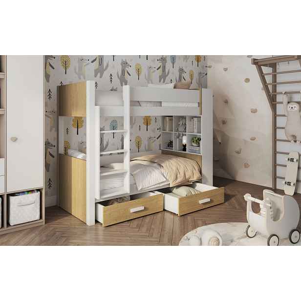 Patrová postel s policemi 80x180 BEDLIA - bílá / dub dune, levé provedení