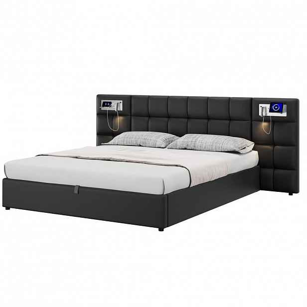 Modfu ČALOUNĚNÁ postel z PU 180x200 cm černá s USB portem, bezdrátovým nabíjením, osvětlením a úložným prostorem