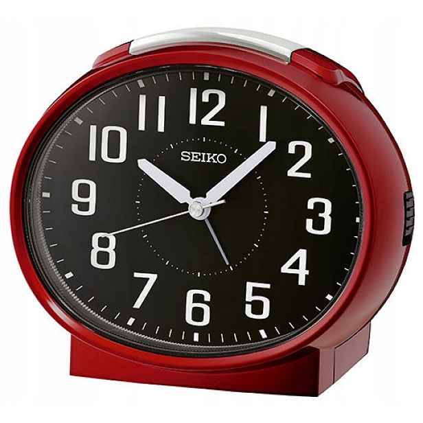 Velký Červený Oválný Budík Seiko QHK059R, Hlasitý Alarm, Tichý Mechanismus