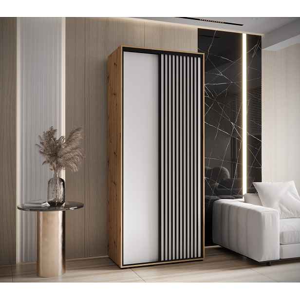 Šatní skříň Lanko 1 - hloubka 45 cm Barva korpusu: Dub - Artisan, Rozměry: 180 cm, Dveře: Černá
