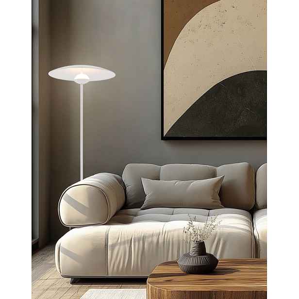 Stojací podlahová LED lampa LUND, bílé stínidlo talíř
