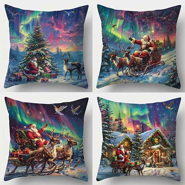 TEMU 4ks, Vánoční, Santa Claus, Sáně, Polštářový povlak s vzorem polární záře, Pas, 17,72 x 17,72 palců, Vhodné pro dekoraci pokoje, dekoraci