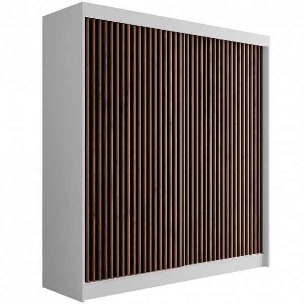 ALTDECOR ŠATNÍ SKŘÍŇ s lamelovými posuvnými dveřmi VILANv2 – 200 cm, bílá + lamely dub wotan