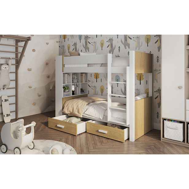 Patrová postel s policemi 80x180 BEDLIA - bílá / dub dune, pravé provedení