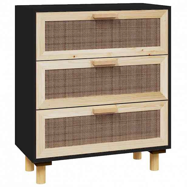 vidaXL Příborník černý 60x30x70 cm masivní borovice a přírodní ratan