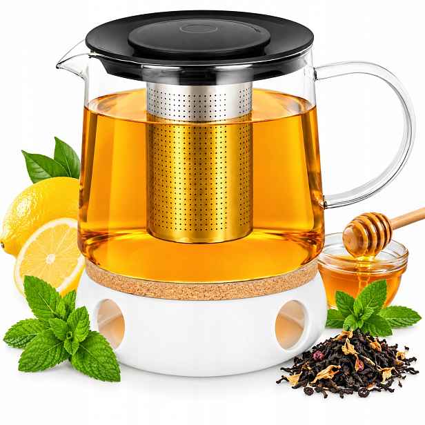 Konvice na čaj skleněná na bylinky ocelové sítko 1,5 l Ohřívač