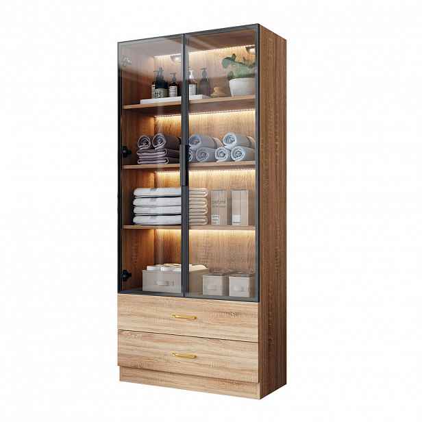 Modfu KOUPELNOVÁ skříňka z MDF 75x34.5x170 cm hnědá s otevřenými policemi, dvířky, zásuvkami a tvrzeným sklem
