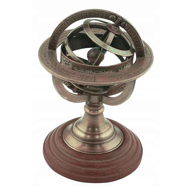 Armillary, starožitná mosaz na dřevěném podstavci, V: 14cm, Ø: 8,5cm