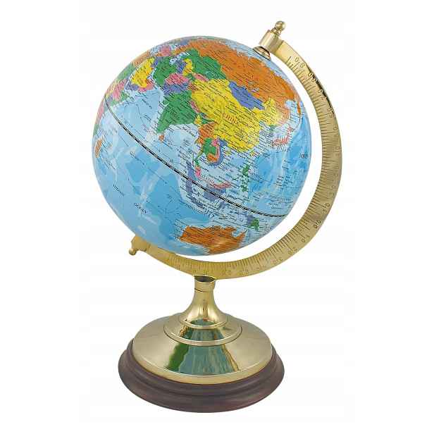 Globus, světle modrý, s podstavcem z mosazi/dřeva, V: 34cm, Ø: 20/16,5cm