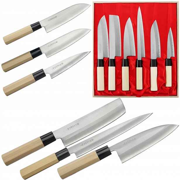 Satake Yoshimitsu Japonský rezavý set 6 nožů Dřevěné Pouzdro na Dárek