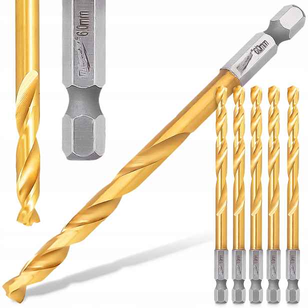 5 x Kovové Vrtáky 6 mm Milwaukee Hss-g Titanové úderové Hex mosazné oceli