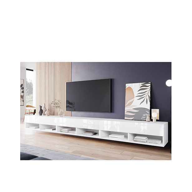 Široká TV skříňka 300 cm bílý lesk Lowboard A (LOWA30000 + LED)